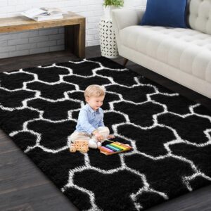 evoionos black white area rugs for living room, 3x5 feet fluffy geometric rug for bedroom, plush shaggy soft indoor floor carpet for kids room home decor, upgrade non slip washable aesthetic rug