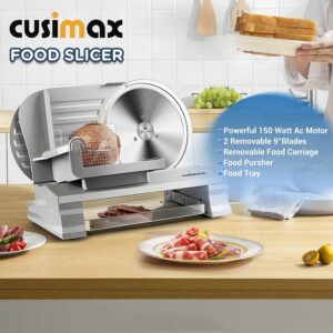 CUSIMAX Meat Slicer for Home with 1-20mm Adjustable Thickness，Electric Deli Slicer for Food Tray,Two 9" Stainless Steel Blades and Removable Food Carriage,Easy for Cut all Foods