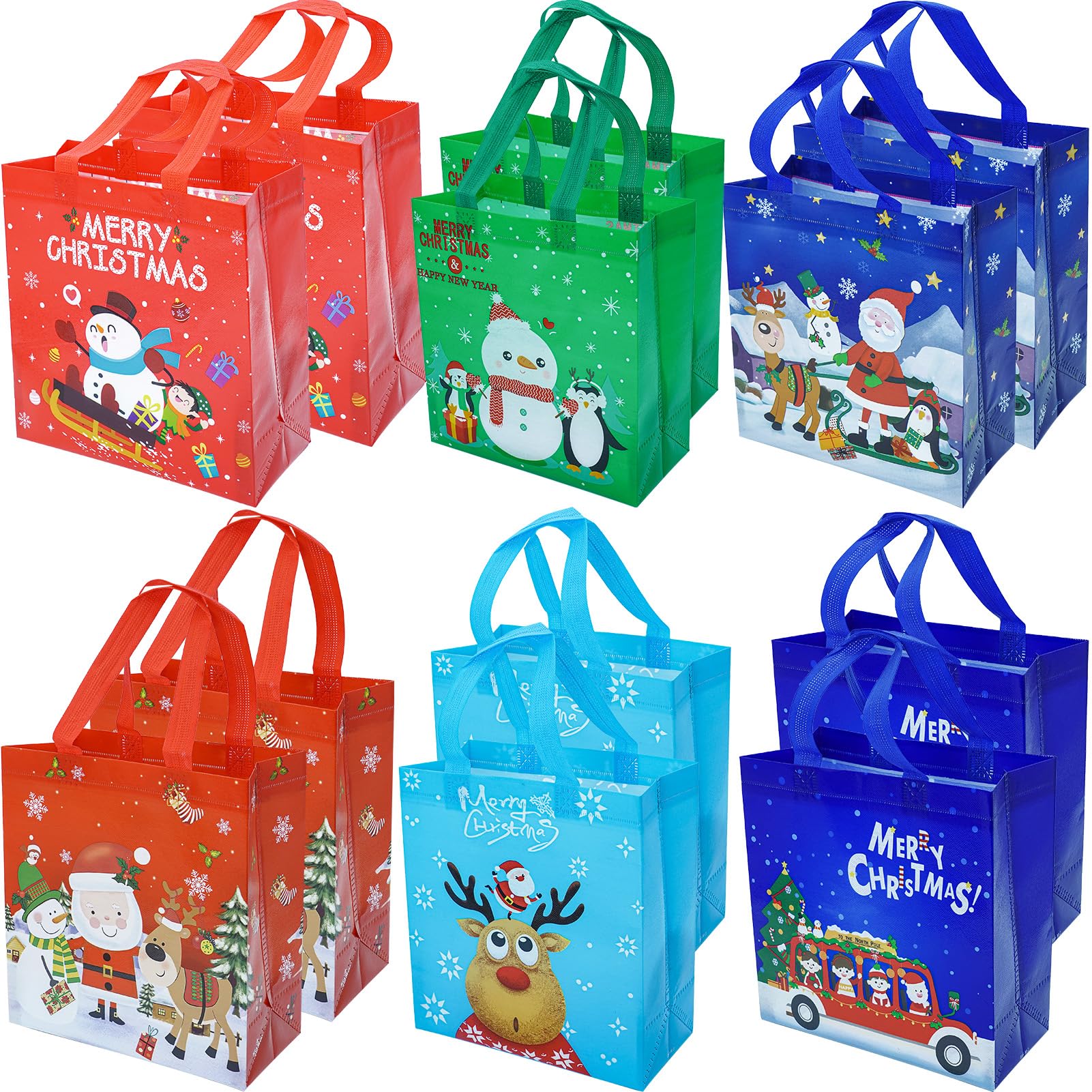 Christmas Gift Bags Tote-Bag with Handles - 12 Pack Reusable Non-Woven Xmas Party Supplies Present Holiday Santa Claus Merry Christmas Pattern for New Year Shopping L9.5"xH10.2"xW4.3" (L24xH26xW11cm)