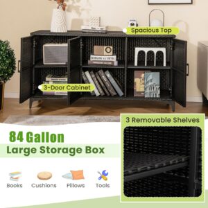 Giantex 84-Gallon Wicker Deck Box - Patio Storage Cabinet, 3-Door PE Rattan Storage Container with Removable Shelves, Indoor & Outdoor Package Box for Porch, Patio Furniture Cushions Tools (Black)