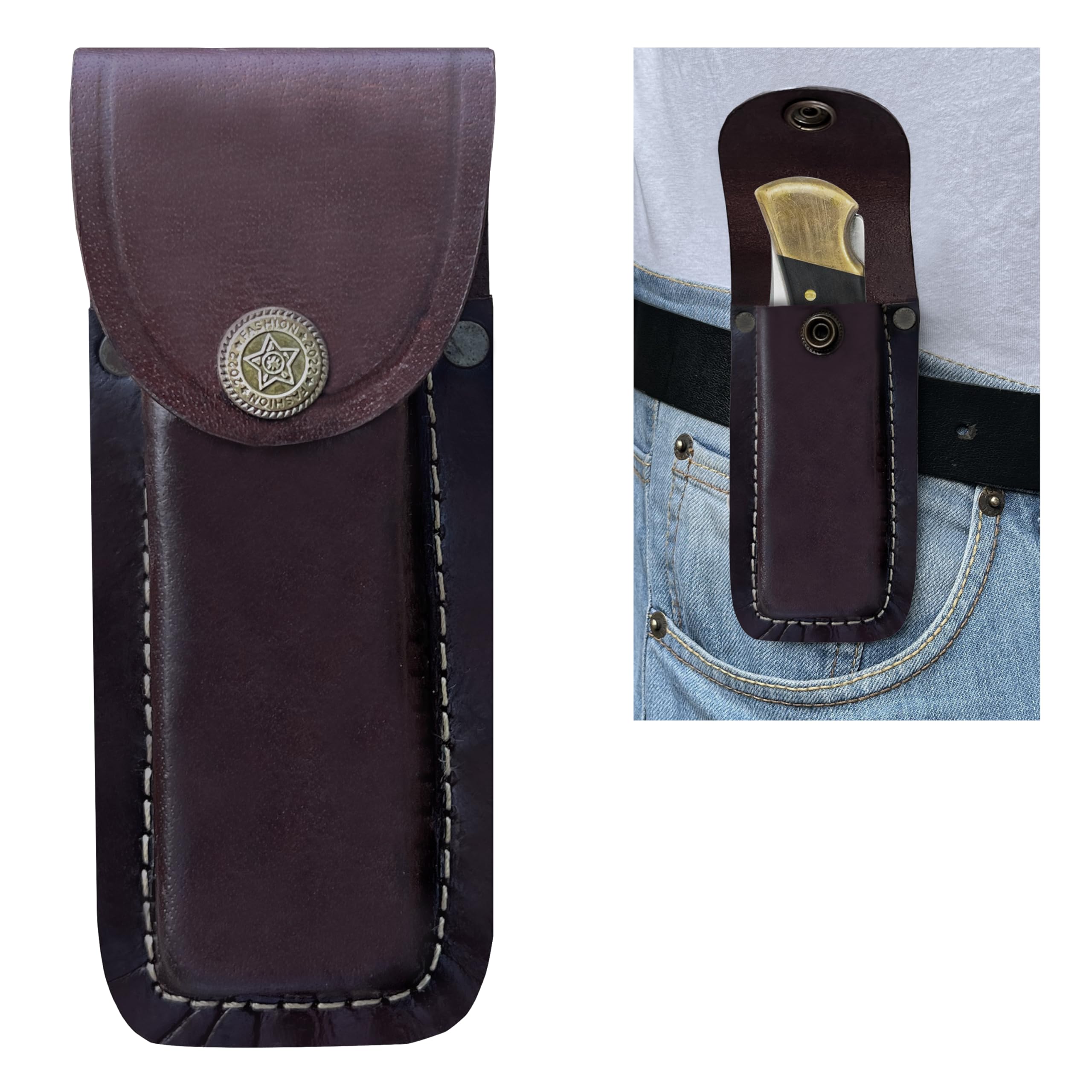 LEATHUX Leather Knife Sheath for Belt, Handmade 5.5” Folding Knife Buck 112 & Buck 110 Sheath, Pocket Knife Holster, Brown