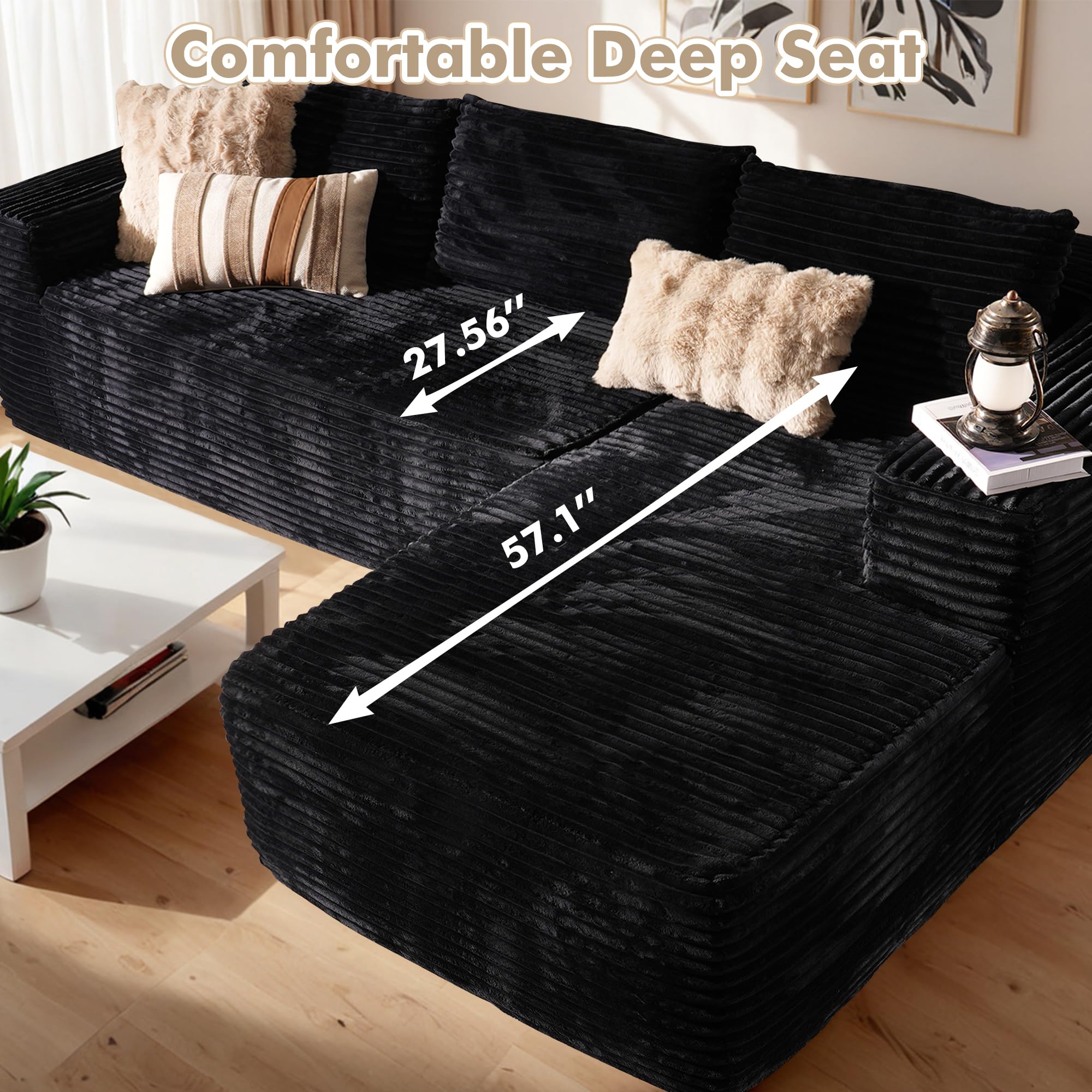 106" Cloud Sectional Couch with Chaise Longue,L Shaped Modular Modern Sofa,Comfy Corduroy Fluffy Couch with Deep Seat,No Assembly Required Couch for Living Room(Right,Plush Corduroy,Black)