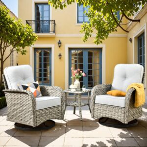 caodoc 3-piece swivel rocking rattan chair outdoor, patio bistro furniture conversation set, cushioned wicker chair with glass coffee table