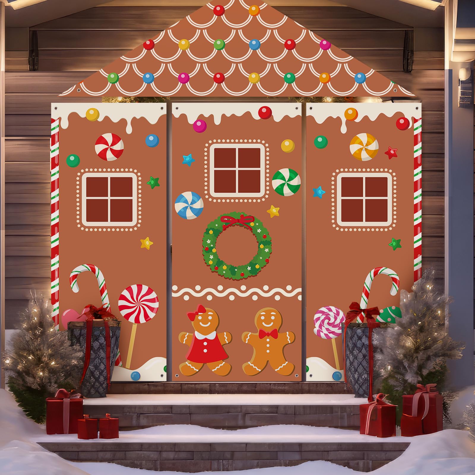 VitalCozy 4 Pcs Christmas Gingerbread Door Decorations Xmas Gingerbread House Backdrop Gingerbread Candy Door Covers Christmas Hanging Banner Porch Sign for Holiday Classroom Office Home Party Decor