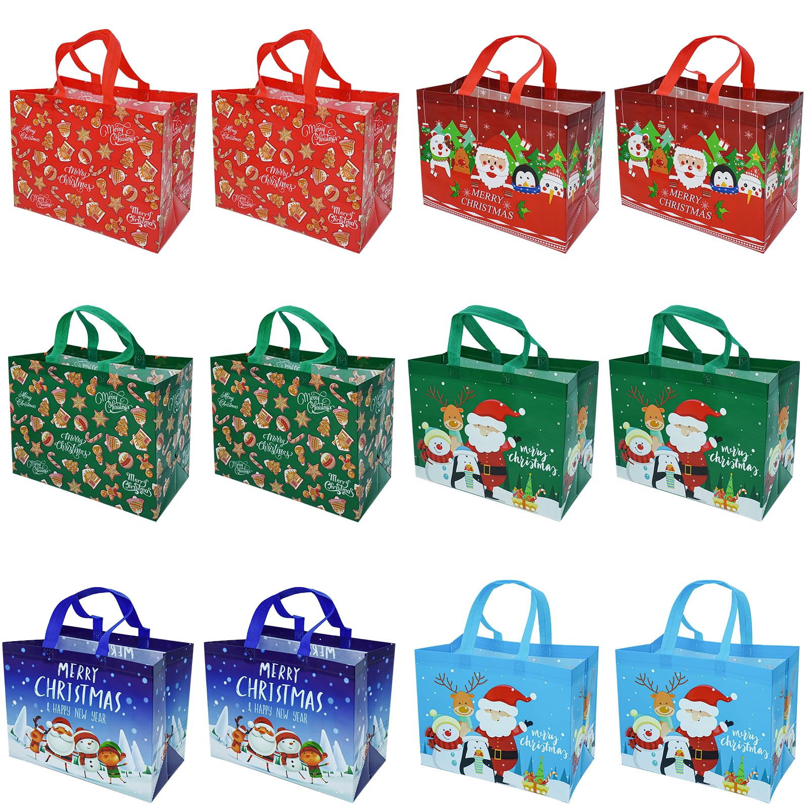 Christmas Gift Bags Tote-Bag with Handles - 12 Pack Reusable Non-Woven Xmas Party Supplies Presents Holiday Santa Claus Merry Christmas Pattern for New Year's Shopping L12.6"xH9.8"xW6.7" (32x25x17cm)