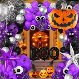 156pcs halloween balloons arch garland kit, halloween birthday party decoration with purple silver pumpkin balloon spider web bat decoration for halloween baby shower scary halloween decoration