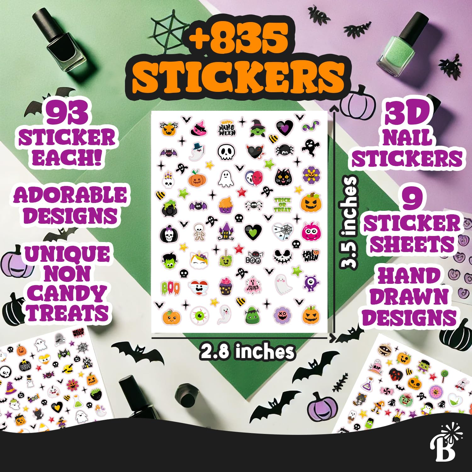 Halloween Nail Stickers+ Cards Non Candy Halloween Party Favors for Girls Treats Bulk, Halloween Goody Bag Stuffers, Halloween Birthday Girl Party Gifts Prizes Trick Girly Halloween Party Supplies