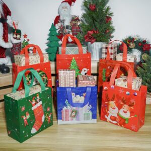 Christmas Gift Bags Tote-Bag with Handles - 12 Pack Reusable Non-Woven Xmas Party Supplies Presents Holiday Santa Claus Merry Christmas Pattern for New Year's Shopping L8.6"xH9"xW4.3"(L22xH23xW11cm)