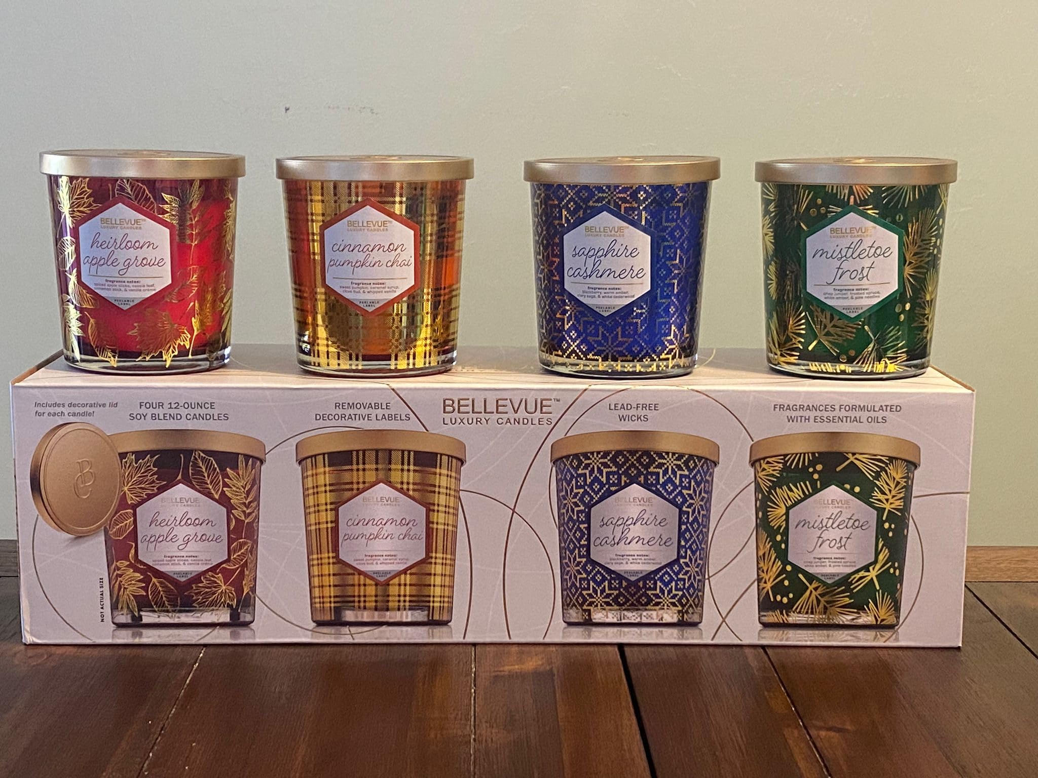 Bellevue Luxury Candles, 4 Soy Blend Candles 12 oz Each, Removable Labels, Lead-Free Wicks, Fragrances with Essential Oils