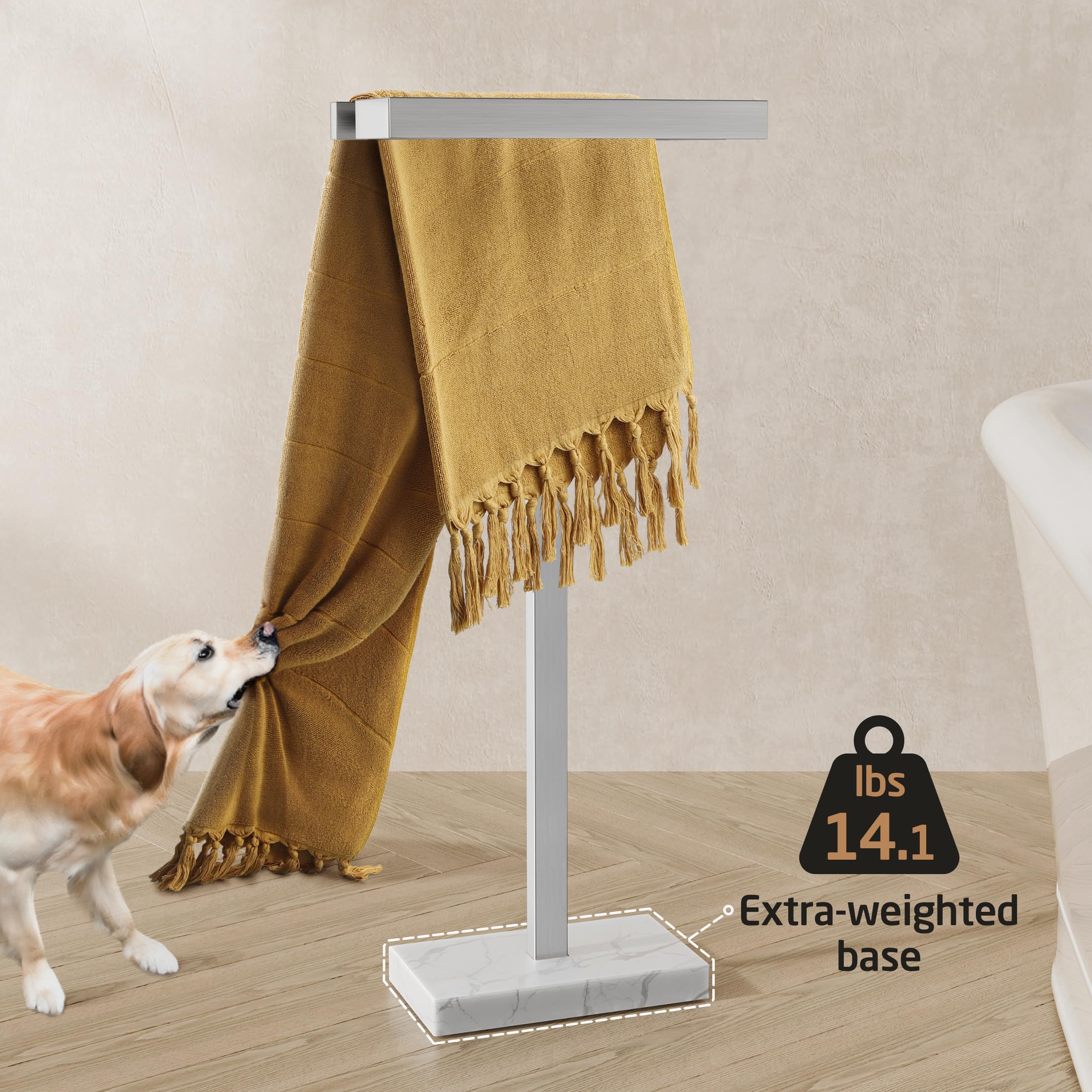 KES Standing Towel Racks for Bathroom, Free Standing Towel Rack with 2X Thick Weighted Natural Mable Base, Towel Stand for Bathroom Floor 18/8 Stainless Steel, Brushed Steel, BTH228-2