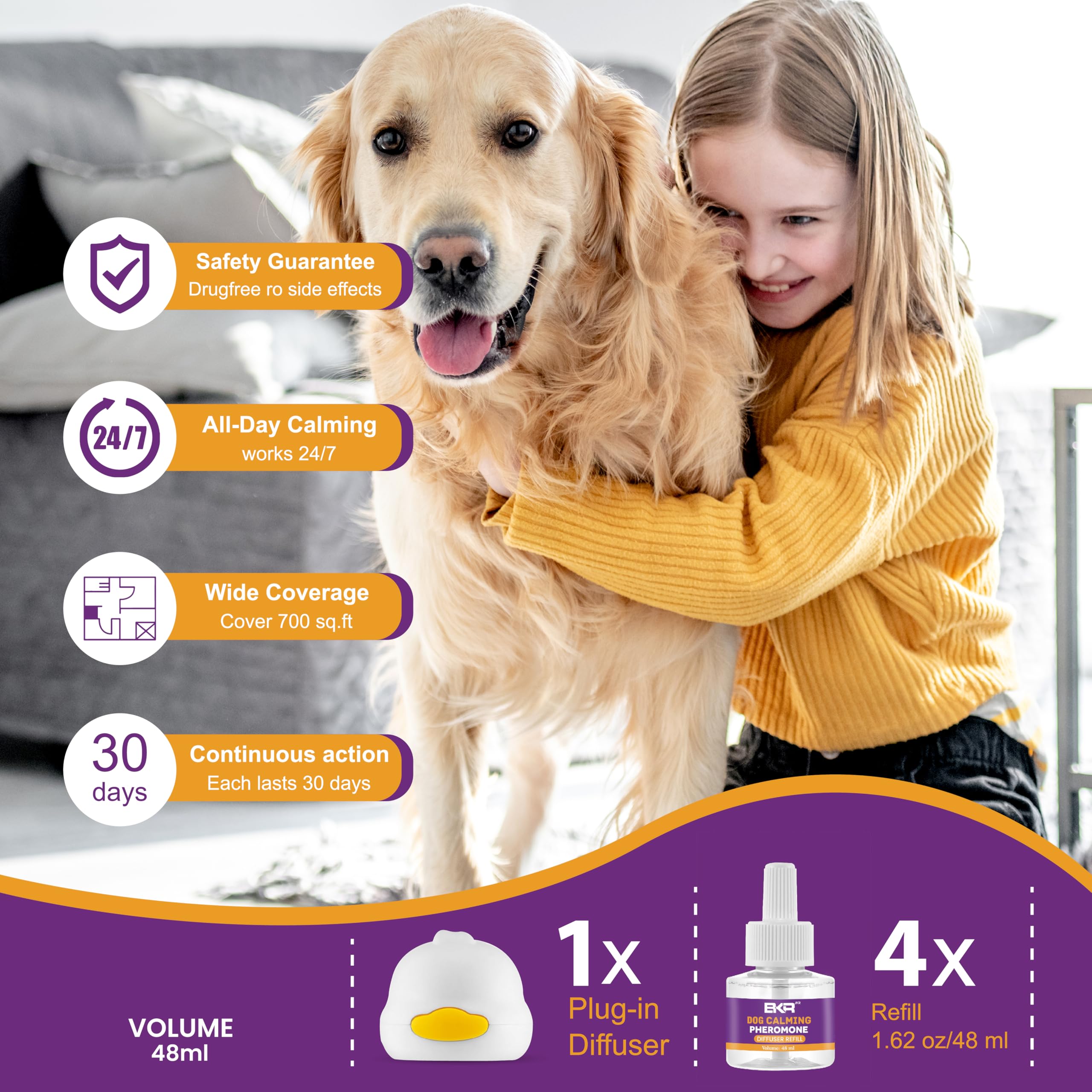 BKRMART Dog Pheromone Calming Diffuser 5 in 1 Appeasing Pet Pheromones Diffuser to Calm Kit 1 Diffuser & 4 Pheromone 48ml Refill for Anxiety Relief Reduce Barking Aggression Fighting Stress