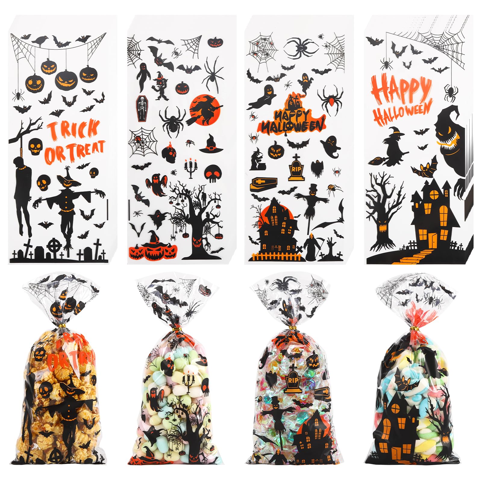 GURVOCY 100PCS Halloween Cellophane Treat Bags with 100pcs Twists, Halloween Goodie bags Candy bags for Snacks Popcorn Cookies Halloween Party Supplies