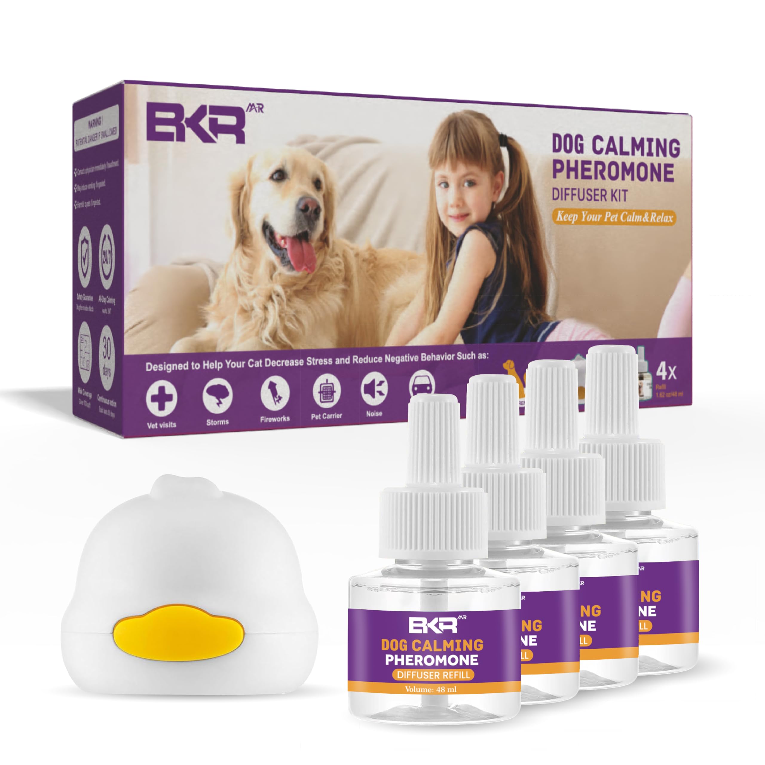 BKRMART Dog Pheromone Calming Diffuser 5 in 1 Appeasing Pet Pheromones Diffuser to Calm Kit 1 Diffuser & 4 Pheromone 48ml Refill for Anxiety Relief Reduce Barking Aggression Fighting Stress