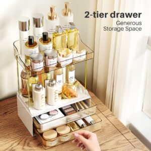 Ducoak 2-Tier 2-Drawer Skincare Organizers Luxurious Makeup Organizer Countertop Household Large Vanity Organizers And Storage Multi-Purpose Bathroom Counter Organizer Amber