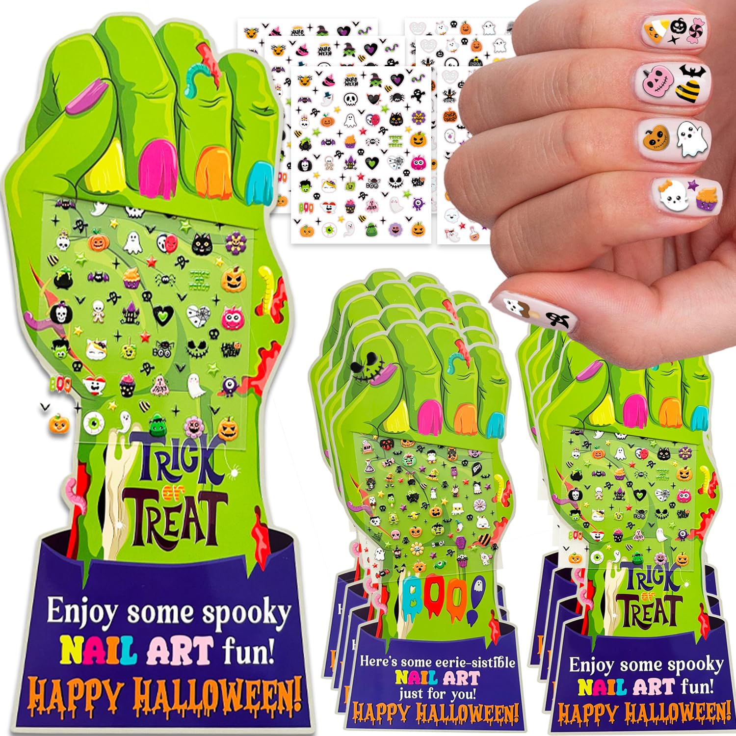 Halloween Nail Stickers+ Cards Non Candy Halloween Party Favors for Girls Treats Bulk, Halloween Goody Bag Stuffers, Halloween Birthday Girl Party Gifts Prizes Trick Girly Halloween Party Supplies