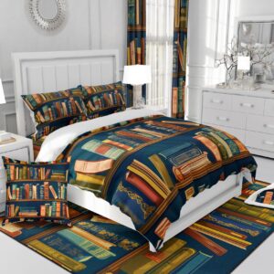 Erosebridal Bookshelf Comforter Cover for Teens, Library Bedding Set Retro Wooden Bookshelf Duvet Cover Full for Kids Boys Adult Bedroom, Academic Educational Theme Quilt Cover, Dark Blue Brown