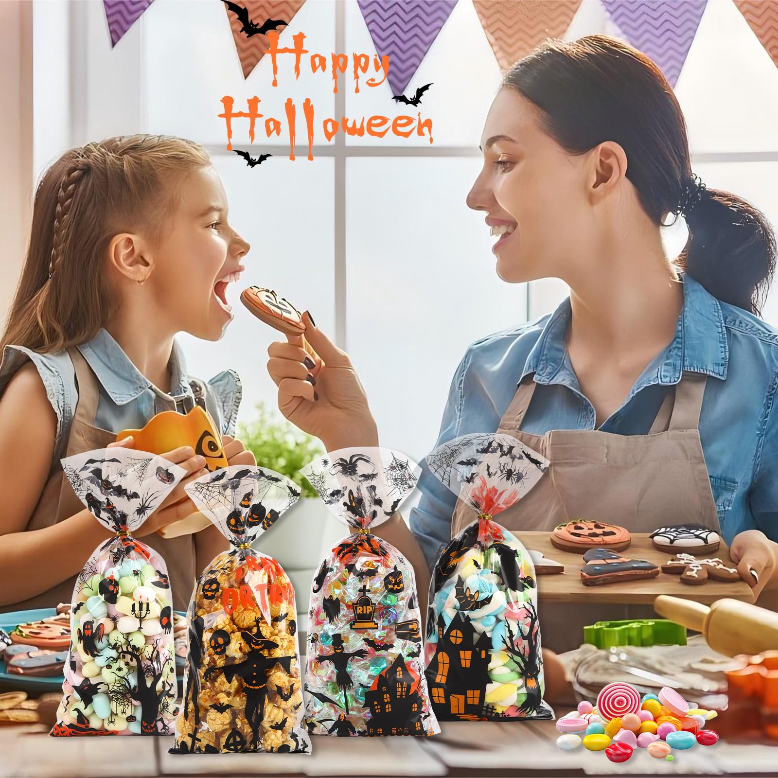 GURVOCY 100PCS Halloween Cellophane Treat Bags with 100pcs Twists, Halloween Goodie bags Candy bags for Snacks Popcorn Cookies Halloween Party Supplies