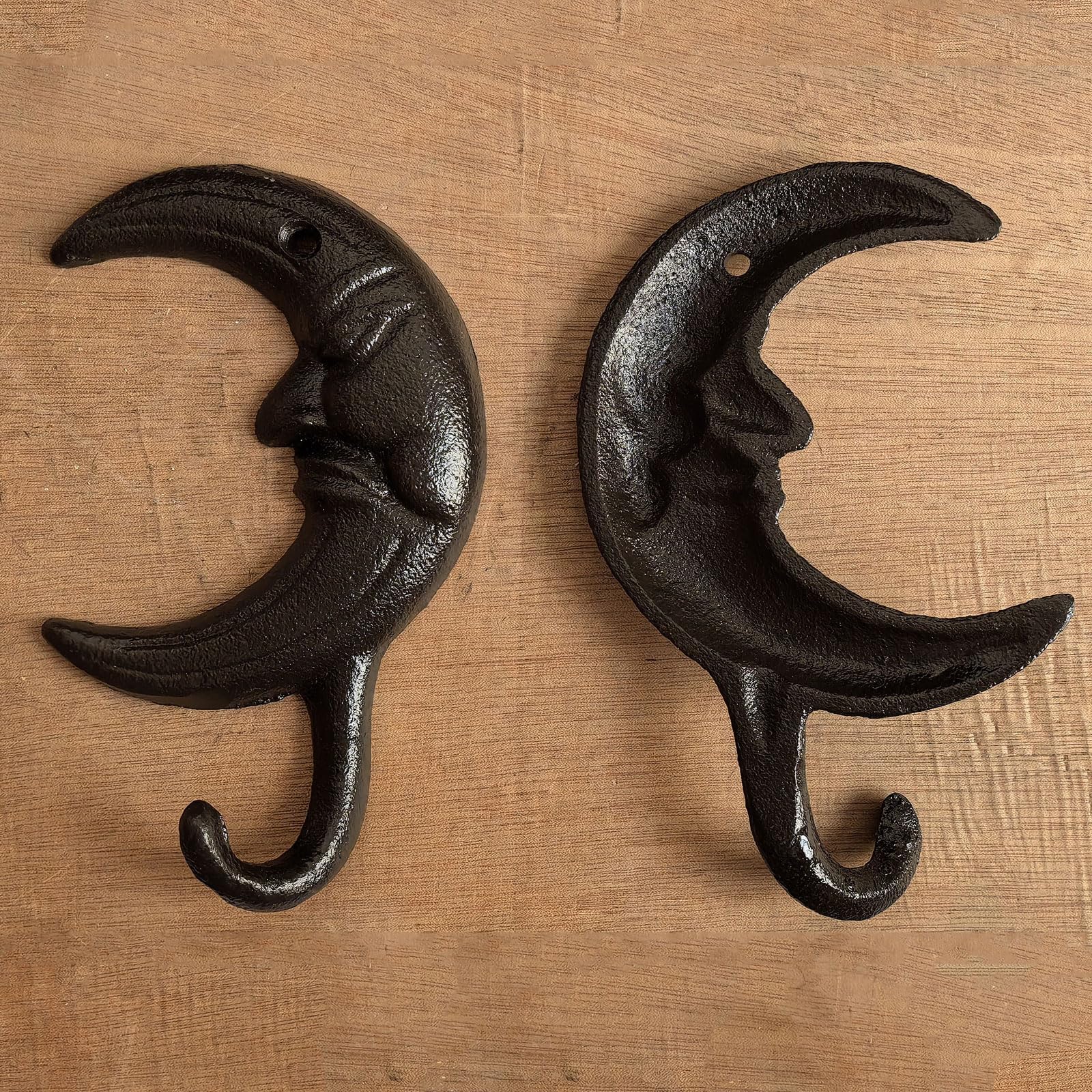 Coat Hooks, 2Pcs Heavy Duty Vintage Cast Iron Hook with Screws for Home Wall Hanging, Wall Mounted Antique Black Hooks for Coat, Scarf, Bag, Towel, Key, Cap (Moon Shape)