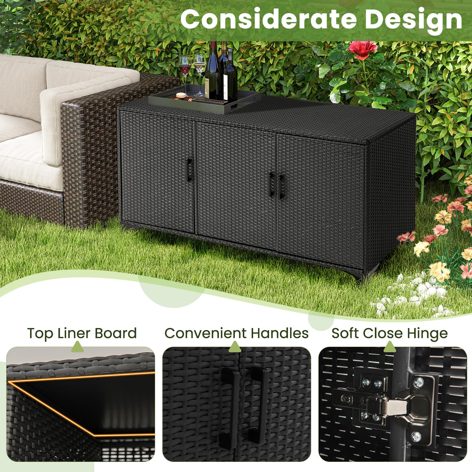 Giantex 84-Gallon Wicker Deck Box - Patio Storage Cabinet, 3-Door PE Rattan Storage Container with Removable Shelves, Indoor & Outdoor Package Box for Porch, Patio Furniture Cushions Tools (Black)