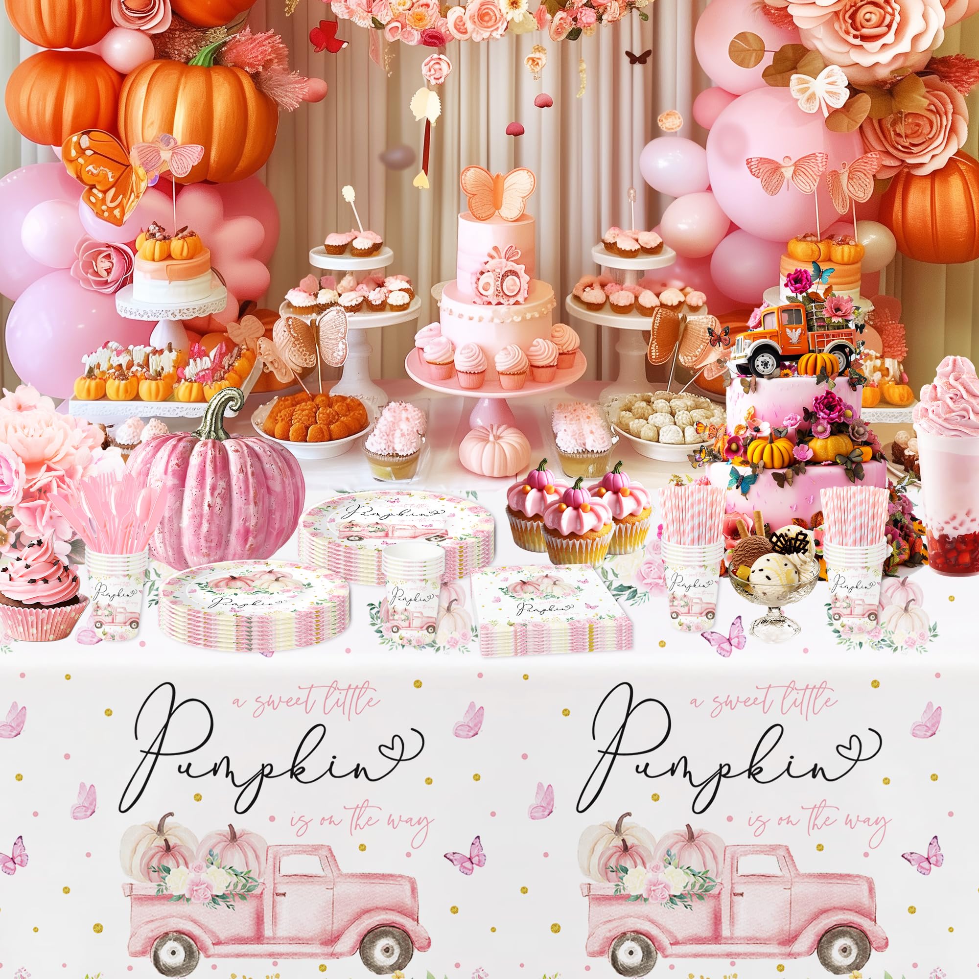 Srua Don Pumpkin Baby Shower Decorations Tablecloth Girl, Pink Little Pumpkin Baby Shower Party Supplies Table Cover, Thanksgiving Fall Pumpkin Baby Girl Decorations Table Cloth, 3 Pack (54in x 108in)