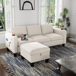 sunrise coast convertible sectional sofa couch, couches for living room, usb+type c ports and 2 cup holders & movable ottoman, 3-seat l-shaped couch for living room/apartment/small space, beige