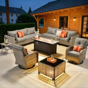 ovios 11 pcs patio furniture with fire pit table, outdoor rattan wicker conversation set with glowing coffee table, comfy sectional sofa for porch balcony backyard pool, grey