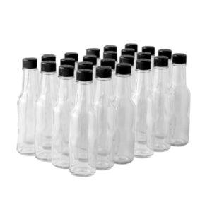 fastrack - 5oz woozy hot sauce bottles, pack of 24 with black plastic caps, empty small woozy bottles, high grade clear glass bottles with leakproof cap - no dripper included