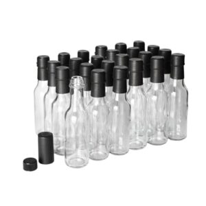 fastrack - 5oz woozy hot sauce bottles, pack of 24 with black plastic caps & shrink sleeves, empty small woozy bottles, high grade clear glass bottles with leakproof cap - no dripper included