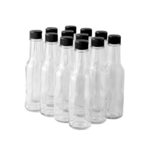 fastrack - 5oz woozy hot sauce bottles, pack of 12 with black plastic caps, empty small woozy bottles, high grade clear glass bottles with leakproof cap - no dripper included