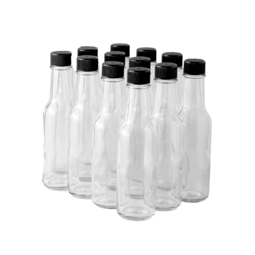 FastRack - 5oz Woozy Hot Sauce Bottles, Pack of 12 with Black Plastic Caps, Empty Small Woozy Bottles, High Grade Clear Glass bottles with Leakproof Cap - No Dripper Included