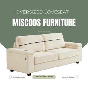 Miscoos 86.5" Deep Seat Loveseat Couch-Corduroy Sofa with Storage Armrests, Oversized Loveseat Couch with Charging Ports, 3 Seater Big Comfy Couch with Cup Holders, I-Shape Couches for Living Room