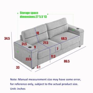 Miscoos 86.5" Deep Seat Loveseat Couch-Corduroy Sofa with Storage Armrests, Oversized Loveseat Couch with Charging Ports, 3 Seater Big Comfy Couch with Cup Holders, I-Shape Couches for Living Room