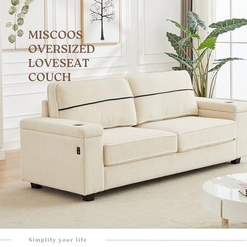 Miscoos 86.5" Deep Seat Loveseat Couch-Corduroy Sofa with Storage Armrests, Oversized Loveseat Couch with Charging Ports, 3 Seater Big Comfy Couch with Cup Holders, I-Shape Couches for Living Room