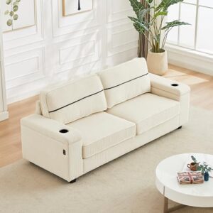 Miscoos 86.5" Deep Seat Loveseat Couch-Corduroy Sofa with Storage Armrests, Oversized Loveseat Couch with Charging Ports, 3 Seater Big Comfy Couch with Cup Holders, I-Shape Couches for Living Room