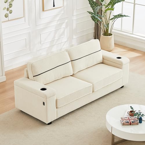 Miscoos 86.5" Deep Seat Loveseat Couch-Corduroy Sofa with Storage Armrests, Oversized Loveseat Couch with Charging Ports, 3 Seater Big Comfy Couch with Cup Holders, I-Shape Couches for Living Room