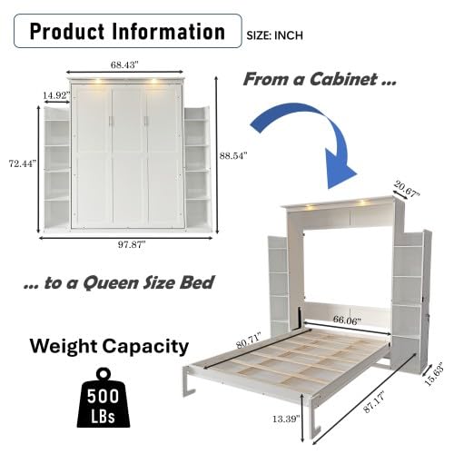 UOCFYK Queen Size Murphy Bed Wall Bed with 2 Storage Shelves and LED Lights,Multifunctional Foldable Platform Bedframe for Bedroom Guest Room Small Space, White