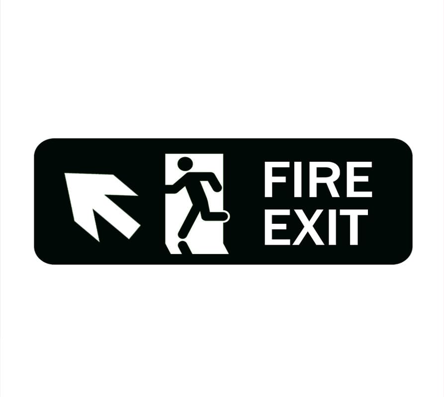 Fire Exit Sign For Door, Acrylic Plastic, Black And White, Rounded Corners, Durable, Long Lasting With Double Sided Tape - 8" X 3"