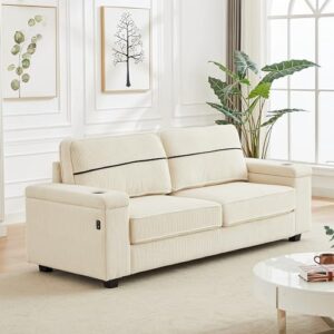 miscoos 86.5" deep seat loveseat couch-corduroy sofa with storage armrests, oversized loveseat couch with charging ports, 3 seater big comfy couch with cup holders, i-shape couches for living room