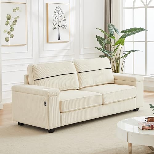 Miscoos 86.5" Deep Seat Loveseat Couch-Corduroy Sofa with Storage Armrests, Oversized Loveseat Couch with Charging Ports, 3 Seater Big Comfy Couch with Cup Holders, I-Shape Couches for Living Room