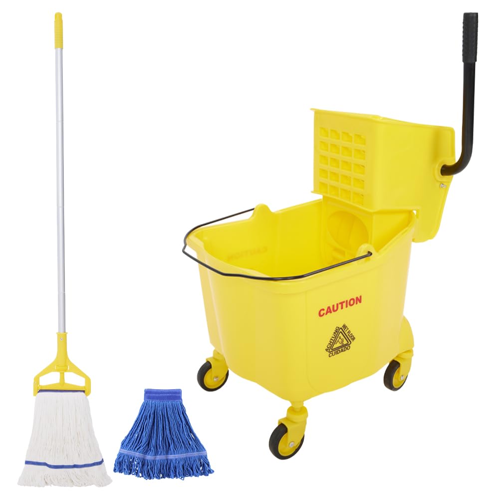 YUJOIBAN Mop and Bucket with Wringer Set - 35QT Commercial Mop Bucket with Side Press Wringer on Wheels and Industrial Mop, Heavy Duty Floor Cleaning Mop Bucket Set for Home, Shop, Restaurant, Mall