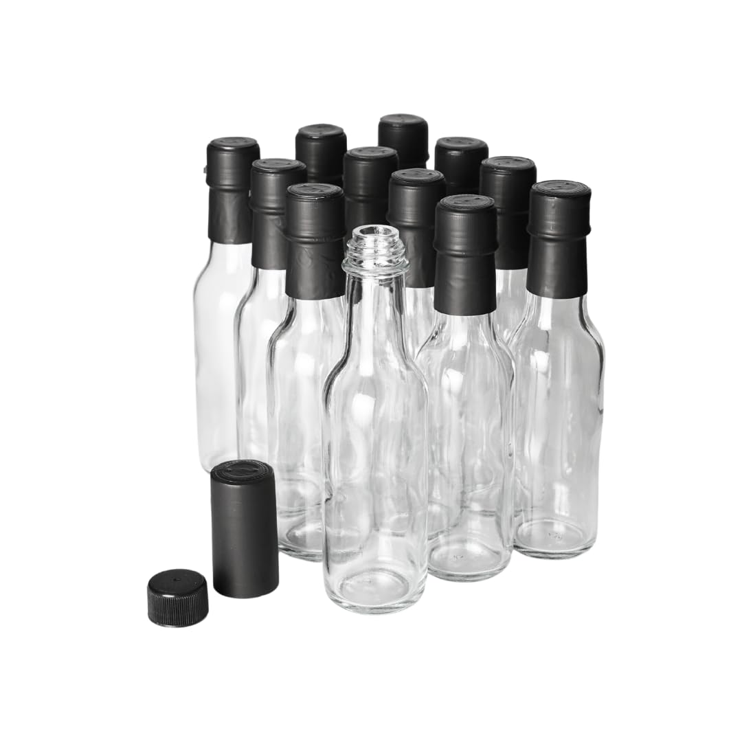 FastRack - 5oz Woozy Hot Sauce Bottles, Pack of 12 with Black Plastic Caps & Shrink Sleeves, Empty Small Woozy Bottles, High Grade Clear Glass bottles with Leakproof Cap - No Dripper Included