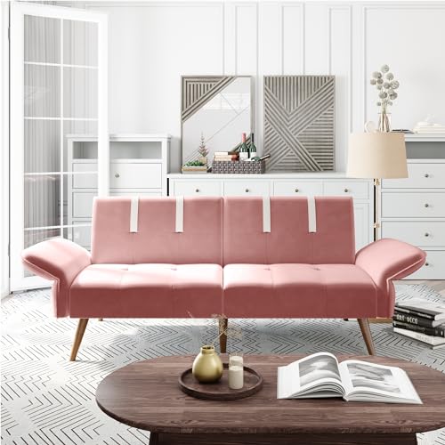 Shintenchi Convertible Futon Sofa Bed, Folding Futon Couch with Adjustable Backrest, Futon Sleeper Recliner Loveseat, Modern Futon Couch, Sofa Cama, Couches for Living Room(Pink)