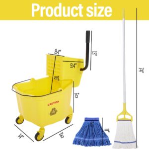 YUJOIBAN Mop and Bucket with Wringer Set - 35QT Commercial Mop Bucket with Side Press Wringer on Wheels and Industrial Mop, Heavy Duty Floor Cleaning Mop Bucket Set for Home, Shop, Restaurant, Mall