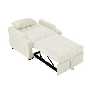 FUQIAOTEC Sleeper Sofa Chair Bed, Modern Velvet Pull Out Sofa Futon Chair Bed, Convertible Sofa Chair 3-in-1 with Adjustable Backrest and Pillow for Living Room, Small Space, White