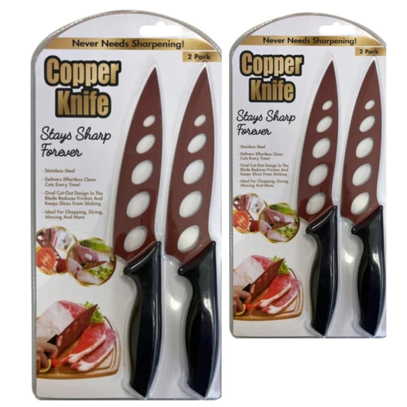 Sharp Forever Copper Knife 4 Pack - Stainless Steel Kitchen Knives with Ergonomic Grip and Copper Coating for Effortless Cutting