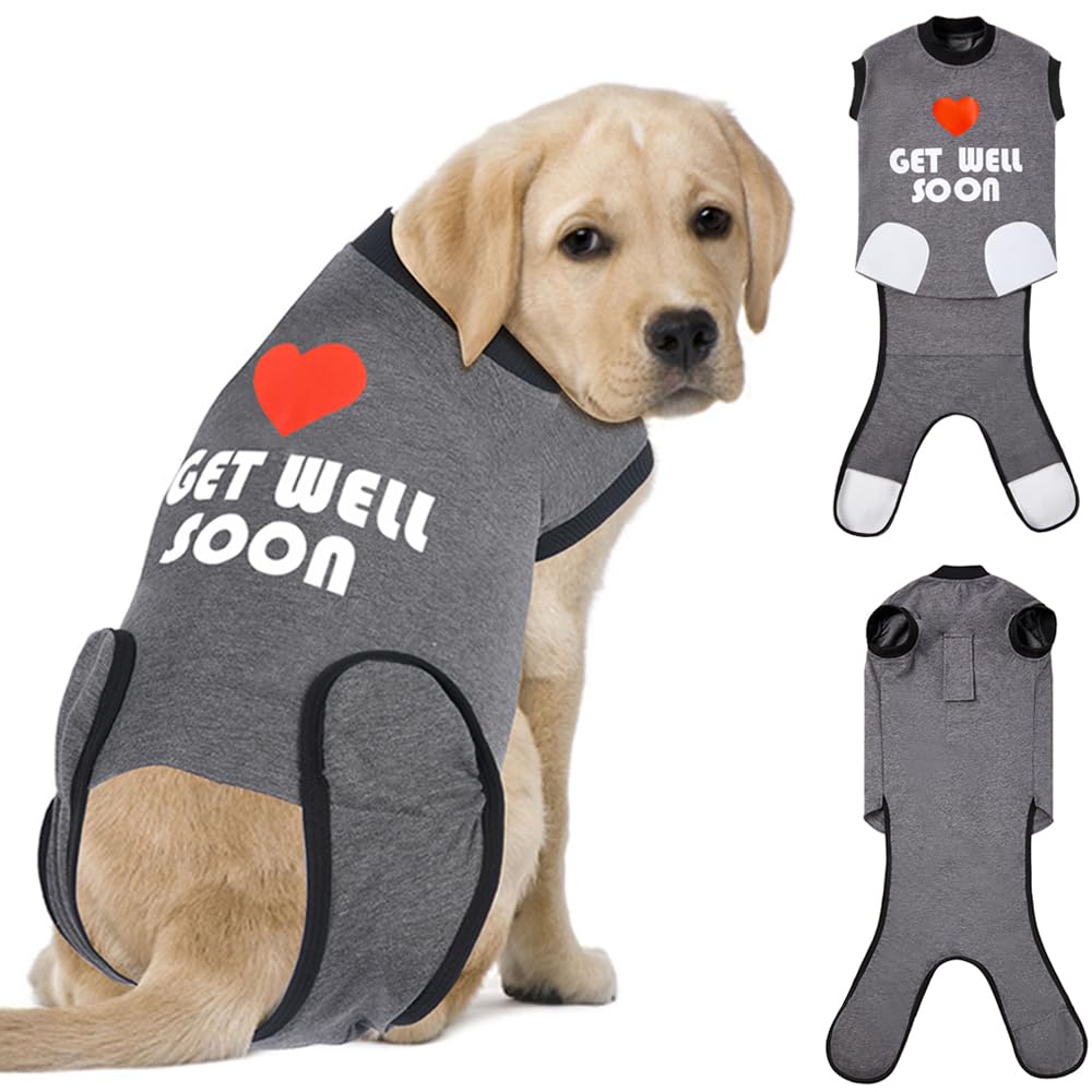 GreenJoy Get-Well-Soon Dog Surgery Recovery Suit - Soft Breathable Dog Onesie Post-Spay/Neuter, Anti-Licking Dog Bodysuit for Small, Medium, Large Dogs (Grey, M)