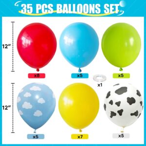 Toy Inspired Story Balloons, 12 Inch Cow Print Sky Blue Cloud Balloons Red Blue Yellow Green Latex Balloons for Kids Boys Birthday Party Inspired Story Party Farm Themed Party Decorations