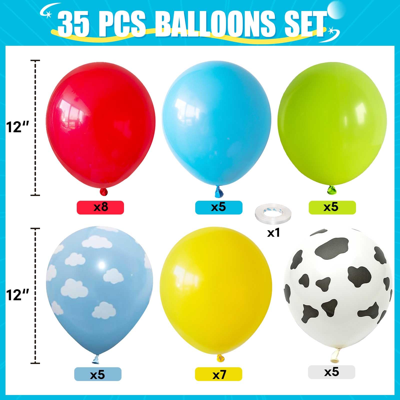 Toy Inspired Story Balloons, 12 Inch Cow Print Sky Blue Cloud Balloons Red Blue Yellow Green Latex Balloons for Kids Boys Birthday Party Inspired Story Party Farm Themed Party Decorations