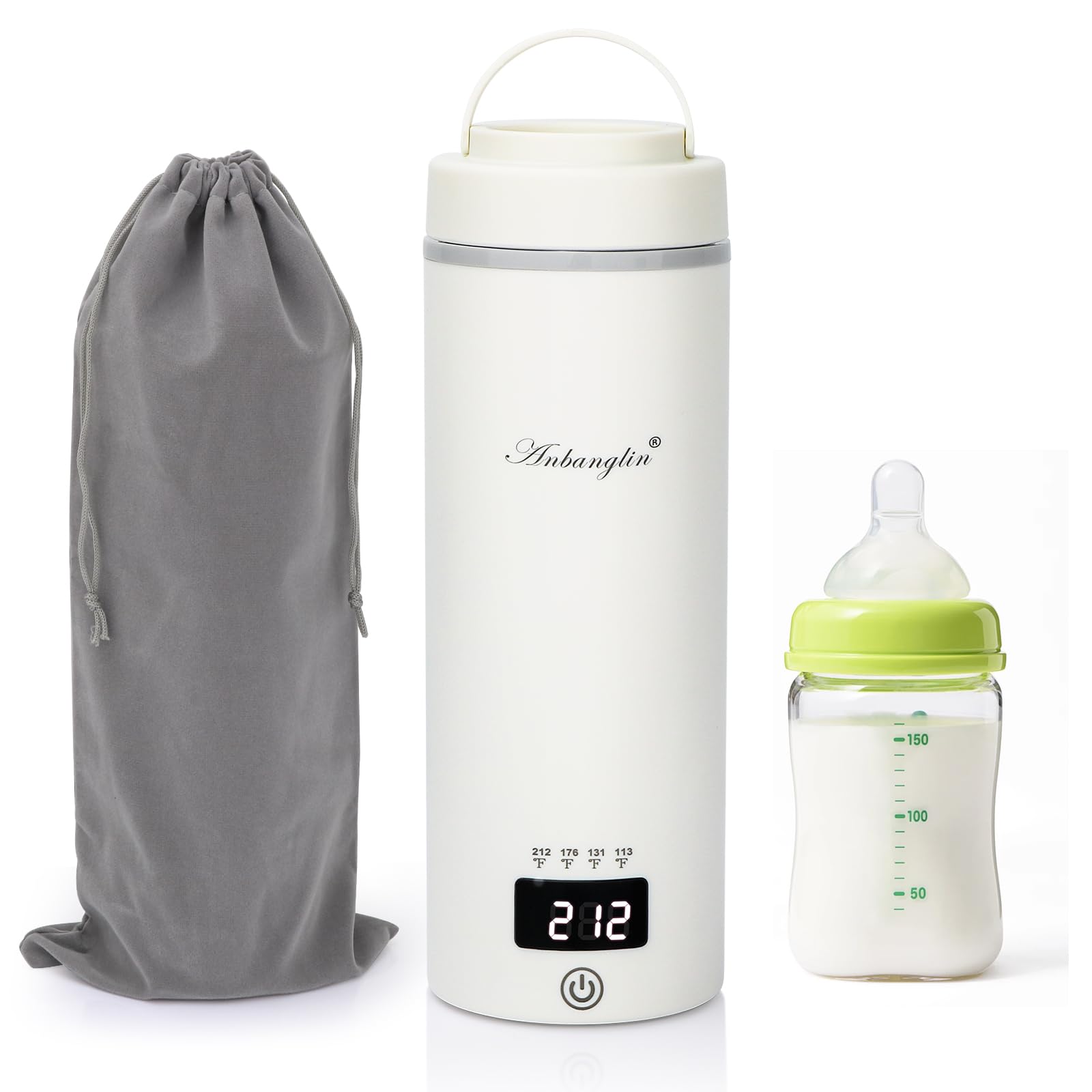 Portable Bottle Warmer for Travel, 17 Oz Milk Warmer, 4 Temperature Control & Auto Shut-Off, Fast Boil Hot Water Warmer, Perfect for Travel&Hotel Use,Electric Kettle with Handy（White，Non-Rechargeable）