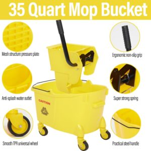 YUJOIBAN Mop and Bucket with Wringer Set - 35QT Commercial Mop Bucket with Side Press Wringer on Wheels and Industrial Mop, Heavy Duty Floor Cleaning Mop Bucket Set for Home, Shop, Restaurant, Mall